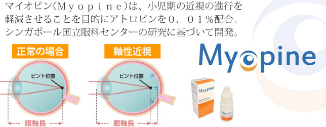 マイオピン（Myopine）は、小児期の近視の進行を軽減させることを目的にアトロピンを0.01％配合。シンガポール国立眼科センターの研究に基づいて開発。